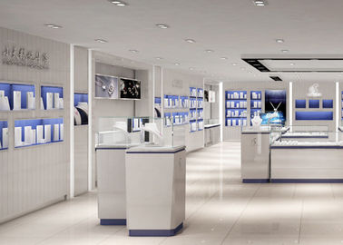 Blauwe kleuren decoratie showroom vitrines Hout en gehard glas materiaal